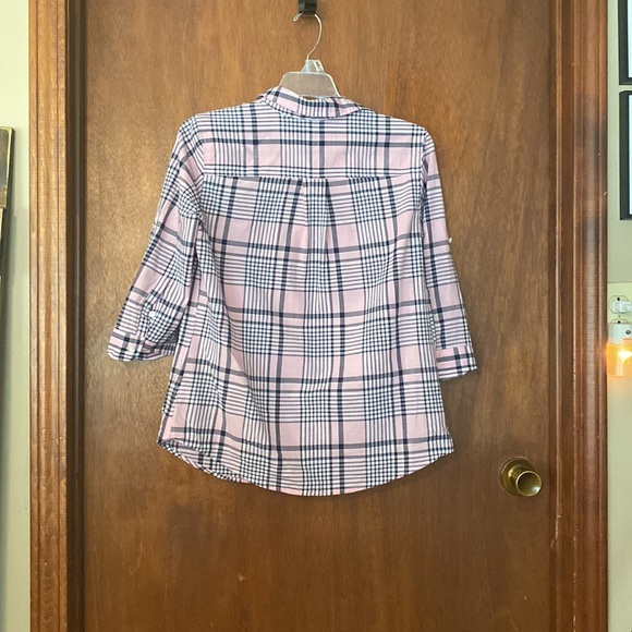 Blouse,3/4 sleeves, pink and black or blue can’t tell plaid,size PS - Picture 2 of 2